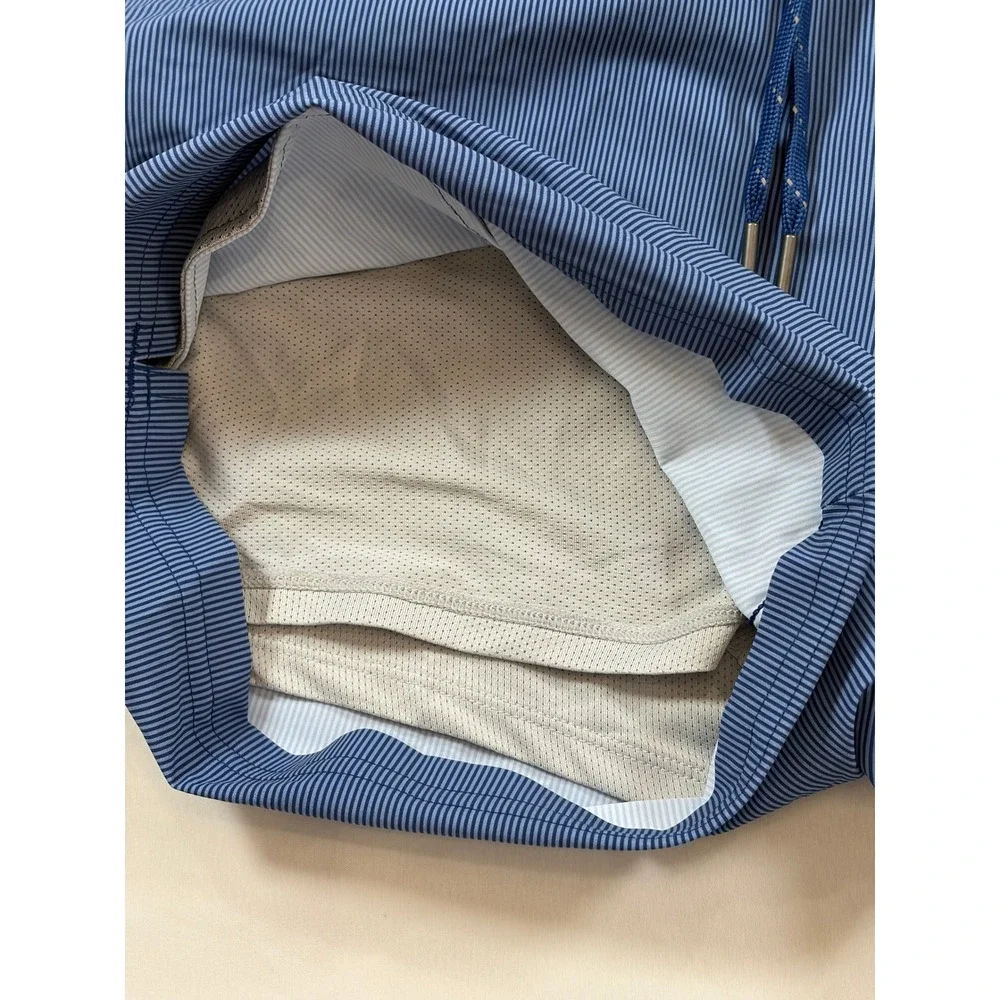 Quince Mens Blue Pinstripe Swim Shorts Trunks Mesh Lining Size L Quick Dry